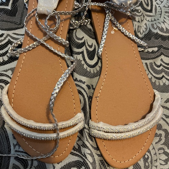 Silver rhinestone tie up Hercules string sandals - Picture 2 of 8